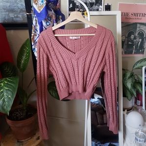 thick knit cropped v neck sweater